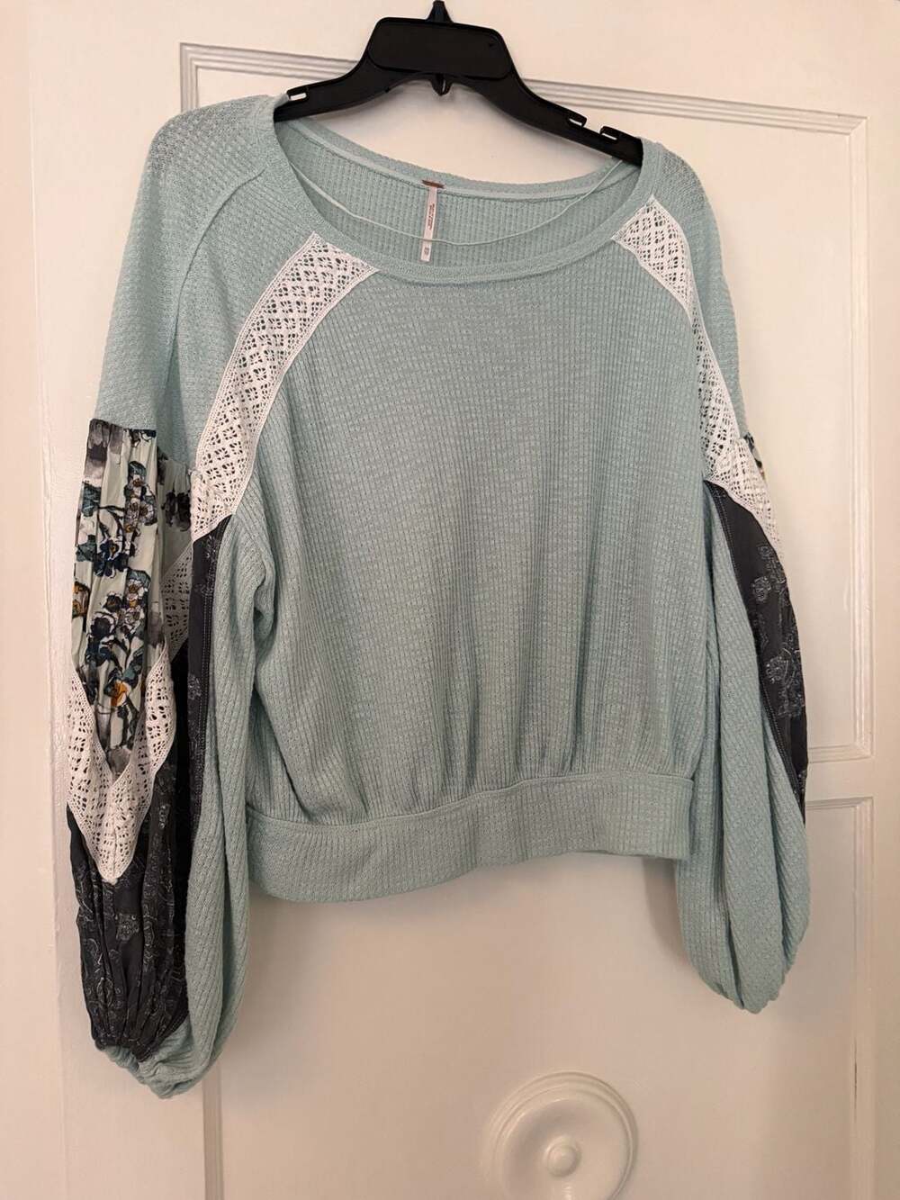 Free People Waffle Knit Mixed Print Balloon Sleeve Top